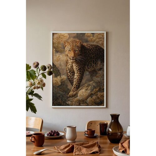 Wallxpert uramljena slika 115254, leopard na steni među zlatnim cvetovima, 30 x 40 cm, beli ram Cene