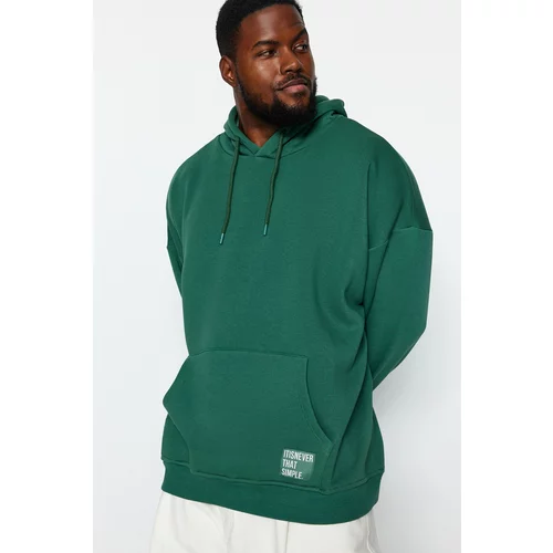 Trendyol Green Men's Plus Size Basic Comfy Hoodie with Labels and Pillows, Soft Inside. Cotton Sweatshirt.
