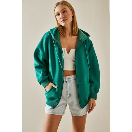 XHAN Emerald Green Zipper Hoodie Sweatshirt Slike