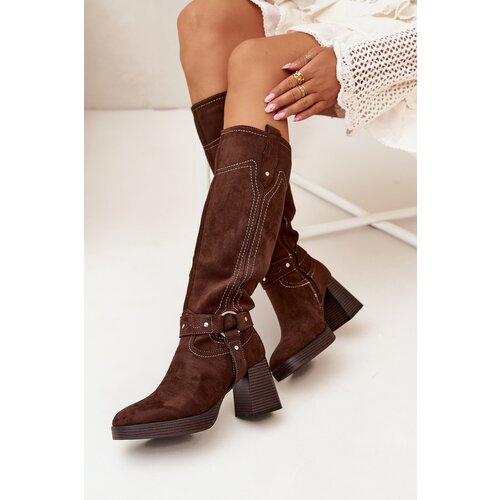 Boto Warm women's heeled boots with stitching chocolate Alessara Cijene