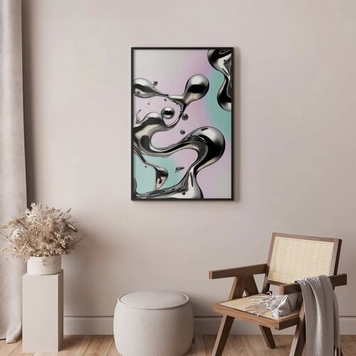  Plakat Metallic Fluidity - abstract silver forms on a mint-purple background 40x60 Crni okvir Cene