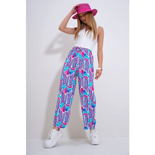 Trend Ala&amp;ccedil;atı Stili Women&amp;#039;s Sax Waist Elastic Patterned Woven Viscose Trousers Slike