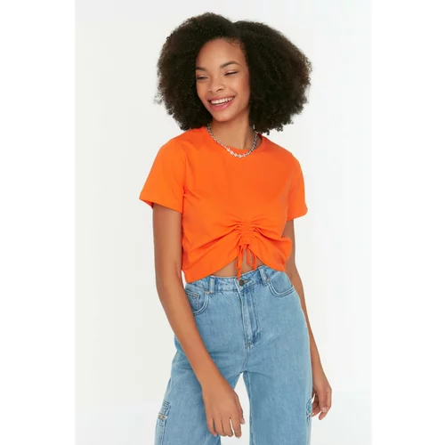 Trendyol Orange Ruffle Detailed Crop Knitted T-Shirt