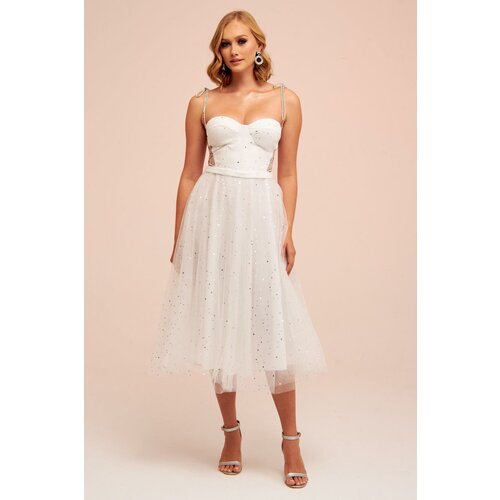 Carmen Ecru Tulle Strap Starry Princess Midi Wedding Dress Slike