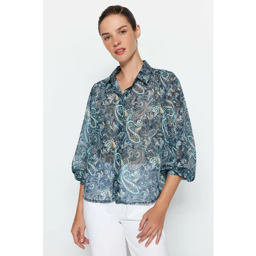 Trendyol Blue Paisley Pattern Sheer Oversize Woven Shirt