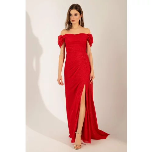 Lafaba Women's Red Boat Collar Draped Long Glittery Evening Dress with a Slit