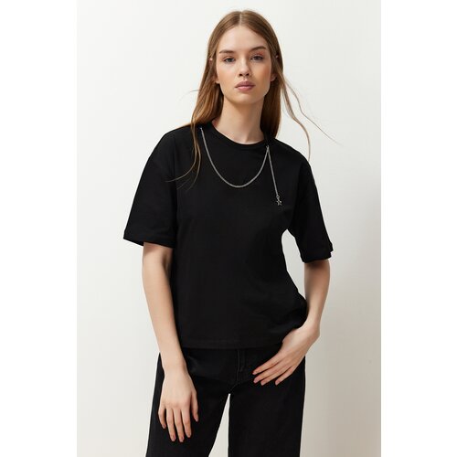 Trendyol Black 100% Cotton Relaxed Chain Detail Knitted T-Shirt Slike