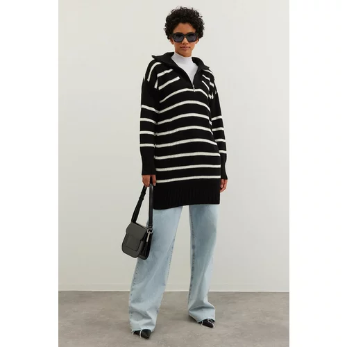Trendyol Black Striped Zippered Collar Knitwear Sweater