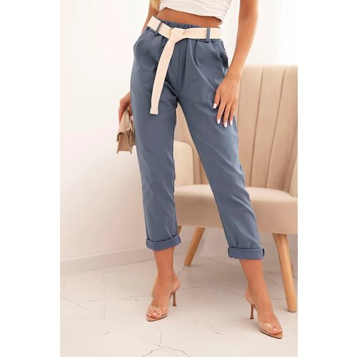 Kesi Włoski Women&amp;#039;s viscose pants with a belt and rolled-up hem dark denim Slike