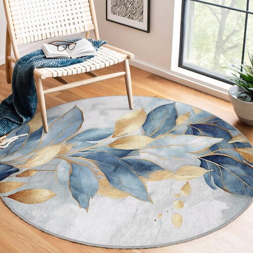 Mila Home modra/zlata pralna okrogla preproga &amp;oslash; 150 cm golden leaves &amp;ndash; Slike
