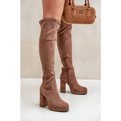 Boto FS1 Knee High Platform Heeled Boots Eco Suede Dark Beige Zistaria Cijene