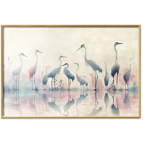  Plakat - Birds by the Lake - herons painted in watercolor in a delicate gray-pink palette 30x21 Zlatni okvir Slike