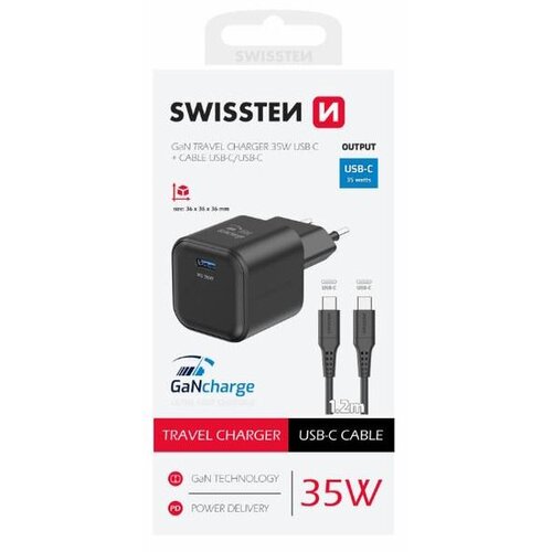 Swissten punjač za AC220, GaN, 1xUSB-C, 35W, 3A, crni + USB-C kabel Cene