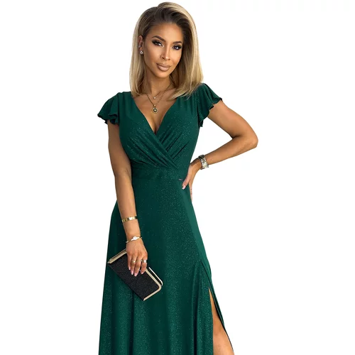 NUMOCO women's Glittery Long Dress with CRYSTAL Neckline - Green