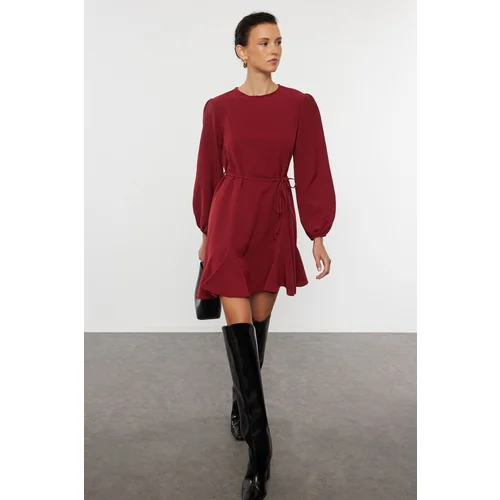 Trendyol Burgundy Belted Straight Cut Mini Woven Dress