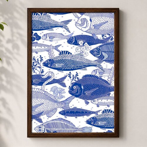 Wallxpert uramljena MDF slika 3752KACT-070, plave ribe i morsko bilje na beloj pozadini, 37 x 52 cm Slike