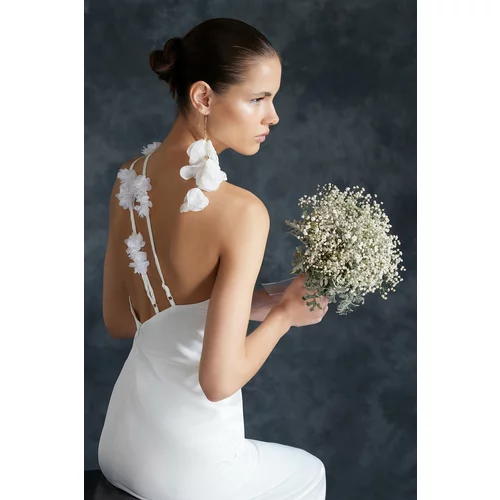 Trendyol White Satin Rose Detailed Wedding/Nikah Long Evening Dress