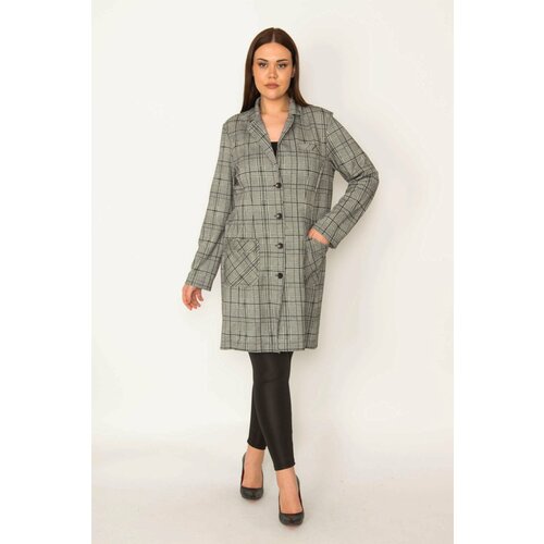 Şans Women's Plus Size Gray Checkered Patterned Long Jacket with Pockets Unlined. Cene