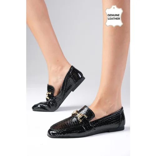 Mio Gusto Jordane Genuine Leather Black Color Animal Patterned Flat Toe Women's Loafer Shoes