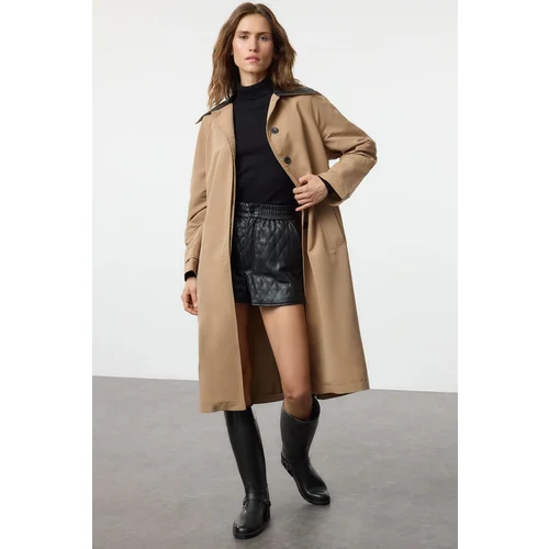 Trendyol Beige Regular Belted Faux Leather Detailed Long Trench Coat