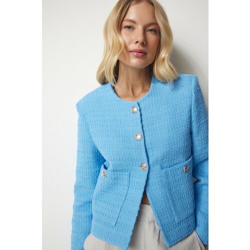Happiness İstanbul Women's Sky Blue Buttoned Tweed Jacket Slike