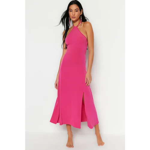 Trendyol Fuchsia Fitted Maxi Knitted Beach Dress With Low Cut Back