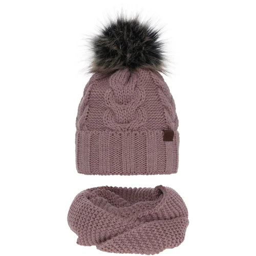 AGBO Girl&#039;s winter set: hat and tube scarf pink Torina with pompom