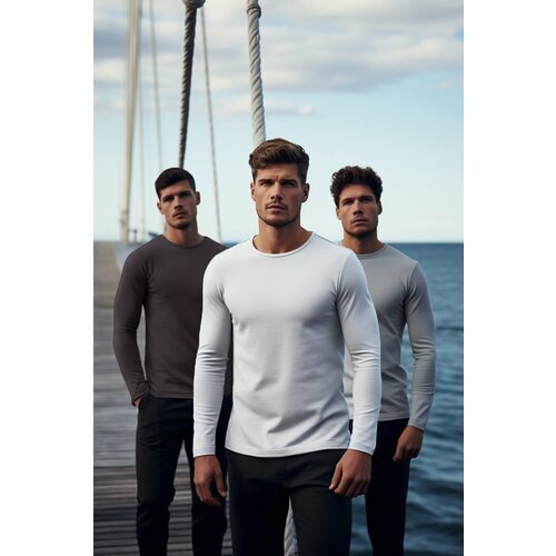 Trendyol Anthracite-Grey-White Men's 3-Pack 100% Cotton Long Sleeved Slim/Tight Fit Basic T-Shirt Slike