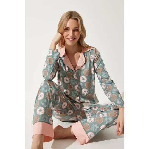 Happiness İstanbul Women's Green Patterned Shirt-Pants Knitted Pajama Set