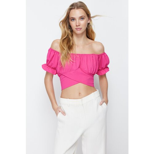 Trendyol Pink Tie Detailed Carmen Collar Woven Blouse Slike