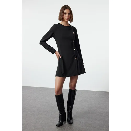 Trendyol Black Fitted/Body-Smooth Button Detailed Crew Neck Mini Woven Dress