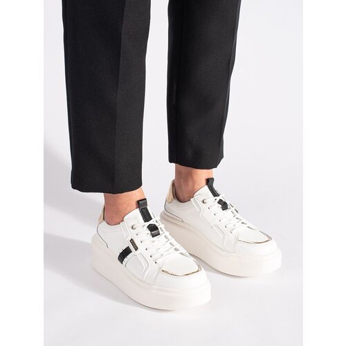 Shelvt White leather platform sneakers Cene