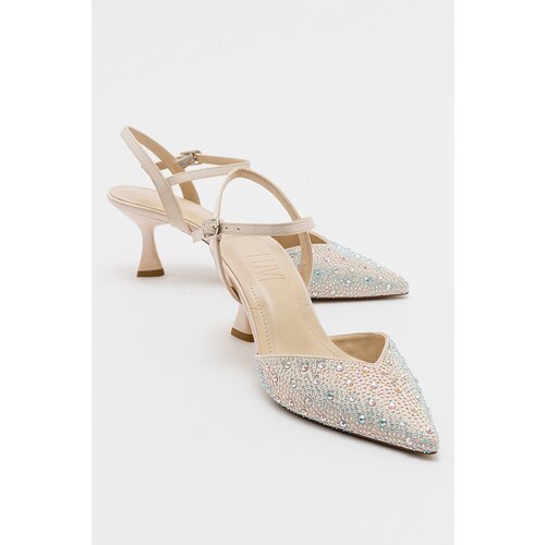 LuviShoes VİLKA Ecru Women's Satin Stone Pointed Toe Thin Heeled Evening Shoes Cene