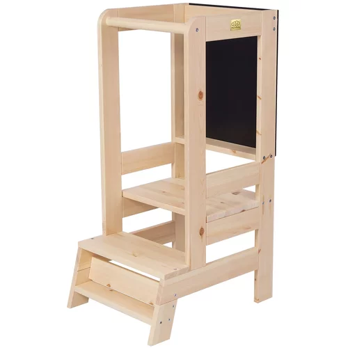 MeowBaby Lesena učna stolpica ® Montessori Kitchen Helper, naravna s črnim stolom, (20734353)
