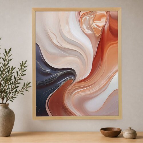 Wallxpert uramljena slika na platnu Cc-D-Ah-1018, apstraktni talasi u terakota, krem i tamnoplavoj boji, 45 x 60 cm Slike
