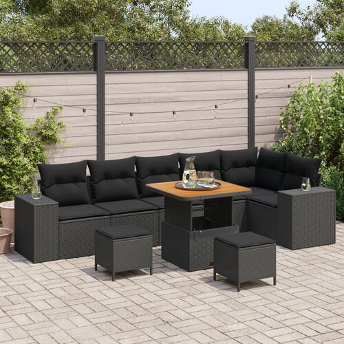 vidaXL 9-delni vrtni kavč z blazinami Črna Poli ratan Acacia, 3-delni vrtni jedilni set z blazinami Črna Poli ratan Acacia Cene