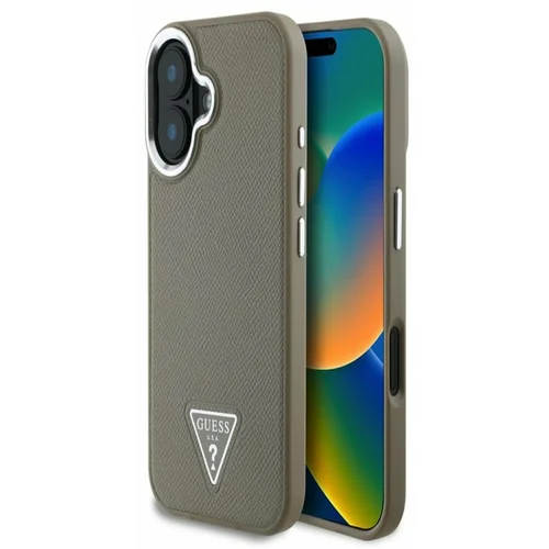 Guess PU Grained Triangle Logo Zadní Kryt pro iPhone 16 Brown Ovitek za telefon Vijolična