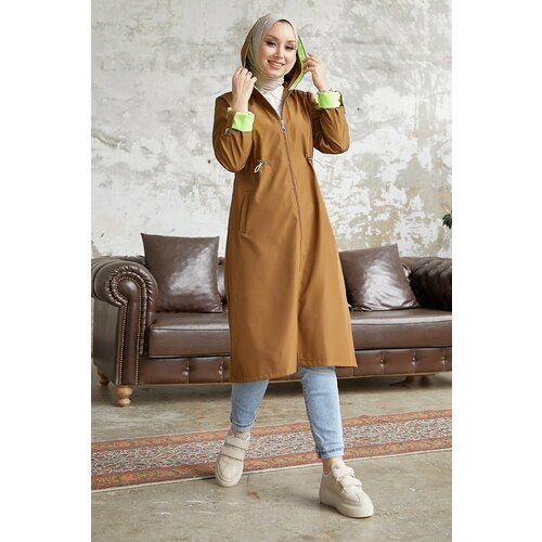 InStyle Hooded Neon Trench with Pleated Waist - Tan \ Green Slike