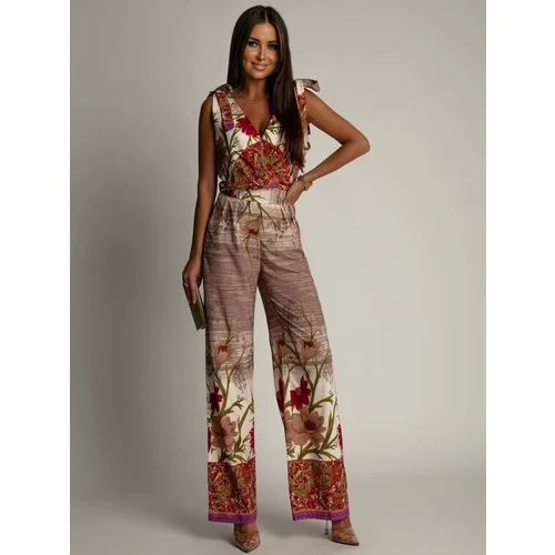 Fasardi Patterned women's jumpsuit with wide leg beige