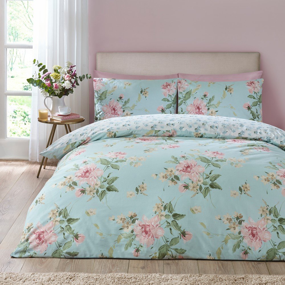 Catherine Lansfield Plava 3-dijelna posteljina za bračni krevet 200x200 cm Avebury Floral &amp;ndash; Slike