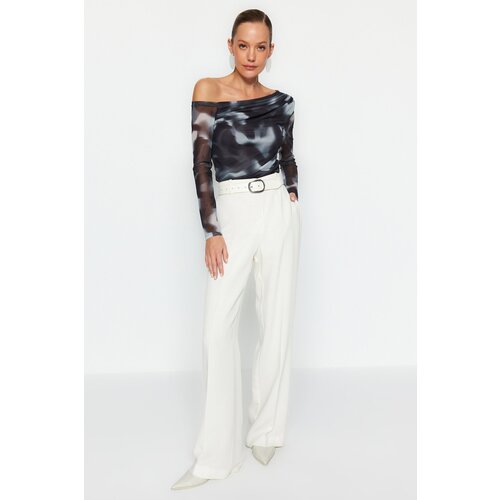 Trendyol Anthracite Tulle Lined Asymmetrical Collar Blouse Slike