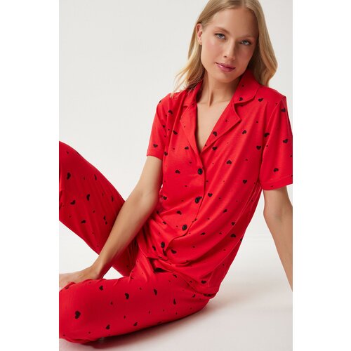 Happiness İstanbul Women's Red Heart Shirt Trousers Pajama Set Slike