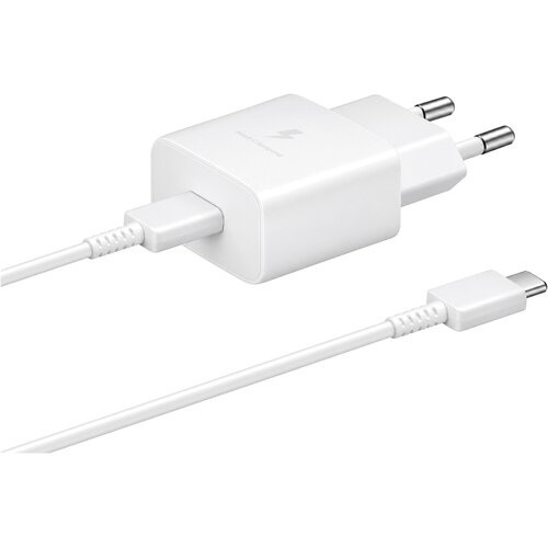 Samsung stenski polnilec z enim USB-C vhodom 15W in priloženim USB-C v USB-C kablom bele barve dolžine 1m EP-T1510EWE + EP-DA705BWE (OEM pakiranje) Slike