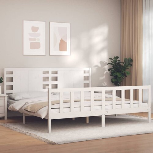 vidaXL Posteljni okvir z vzglavjem bel 200x200 cm trden les Cene