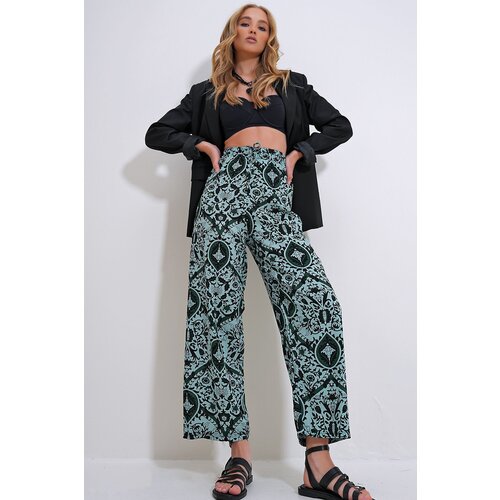 Trend Ala&amp;ccedil;atı Stili women&amp;#039;s green elastic waist patterned woven viscose trousers Slike