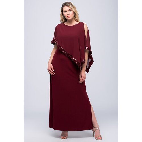 Şans Women's Plus Size Burgundy Chiffon And Sequin Detailed Evening Dress Slike