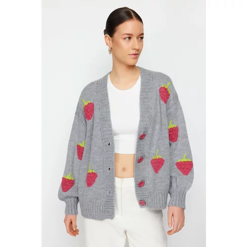 Trendyol Gray Soft Textured Strawberry Embroidered Knitwear Cardigan