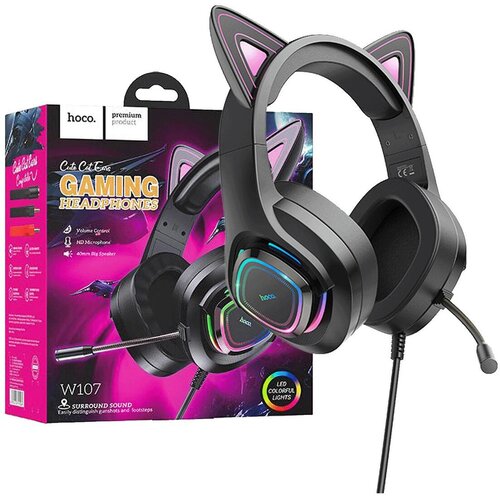 hoco. Slu&scaron;alke z mikrofonom, igralne, USB/3.5 mm, LED - W107 Cute Cat Black/Pink Cene