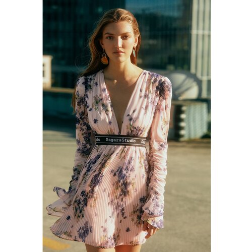 Trendyol X Sagaza Studio Multicolor Pink Floral Printed Pleated Dress Slike