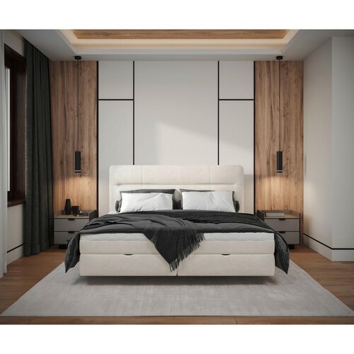 MID.YOU POSTELJA Z VZMETNICO 180 cm x 200 cm , les, tekstil, leseni material krem barve Slike